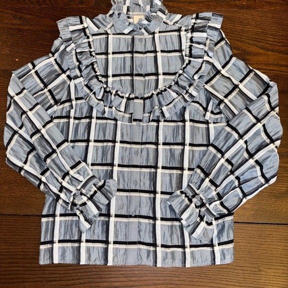 H&M Women's Blue‎ White 
Checkered Plaid Crinkle
Frill Blouse Size 4 NWOT - Picture 5 of 12